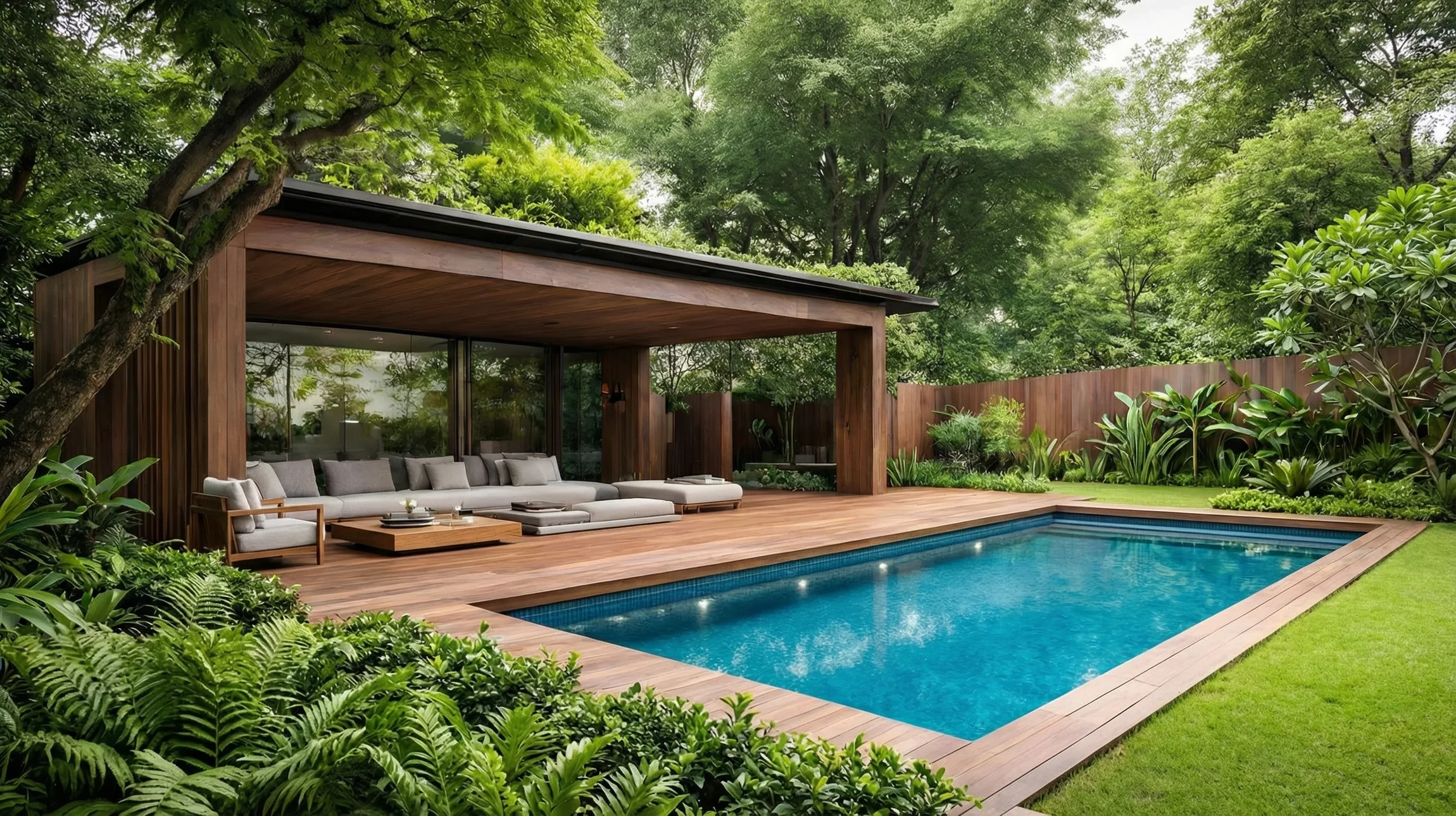 Jardin aquatique extérieur avec bassin d'ornement entouré de végétation luxuriante