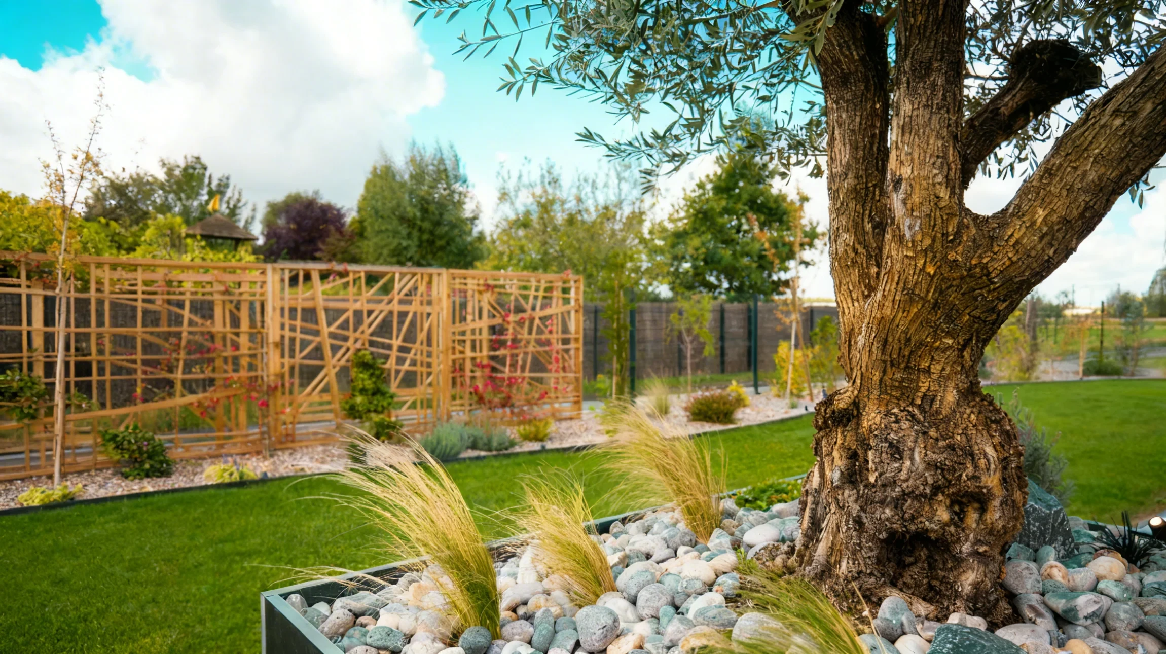 Scène extérieure sur pelouse verte avec disposition organisée d'outils de jardinage professionnels