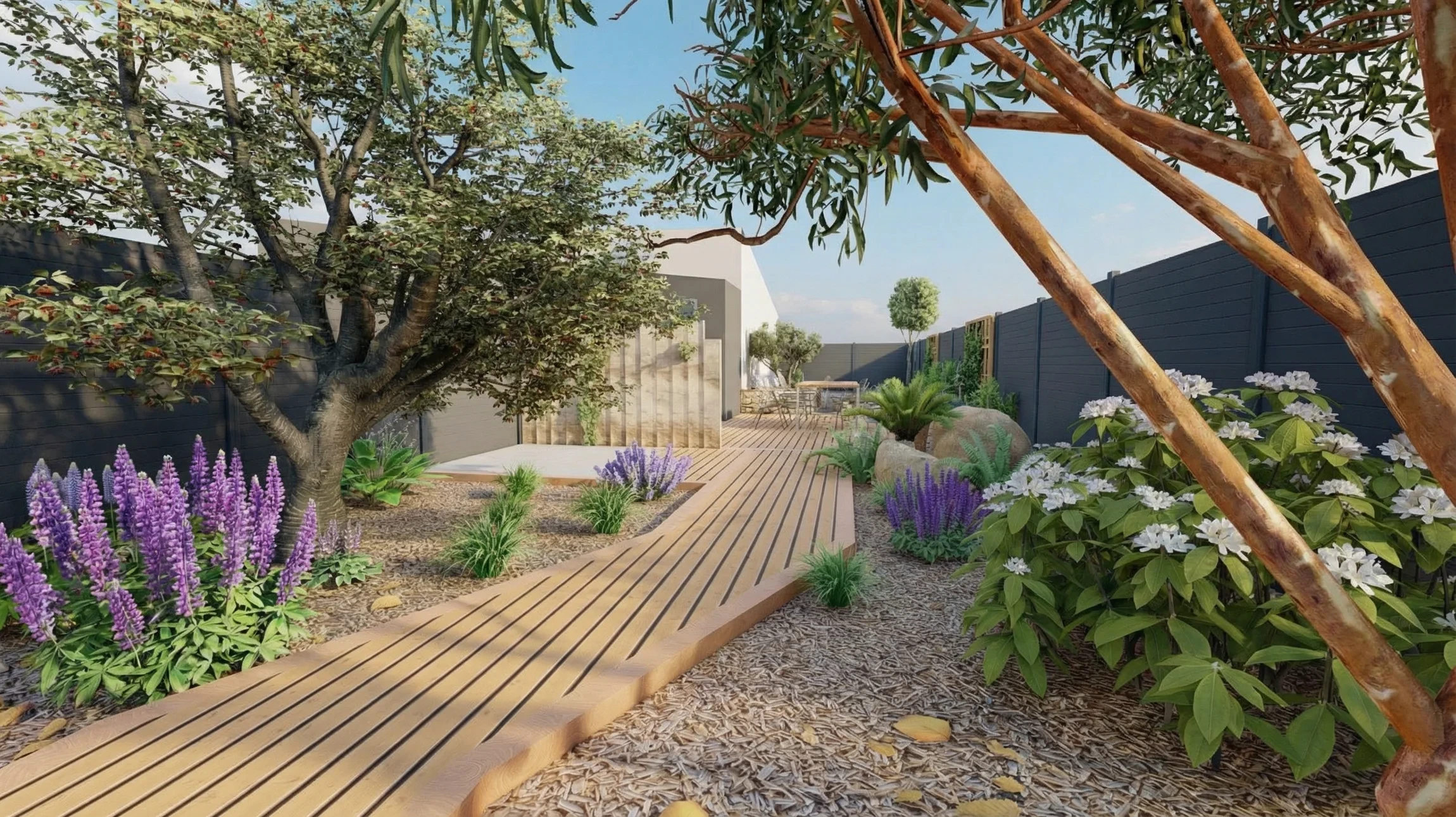 Rendu 3d de maison et de voiture de banlieue avec jardin, soleil et nuages sur fond orange