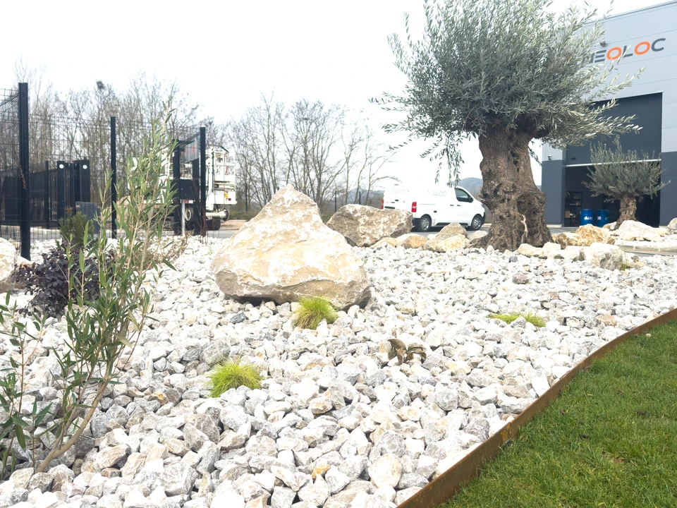 Espace extérieur aménagé avec pergola en bois et banc public rouge sous structure couverte