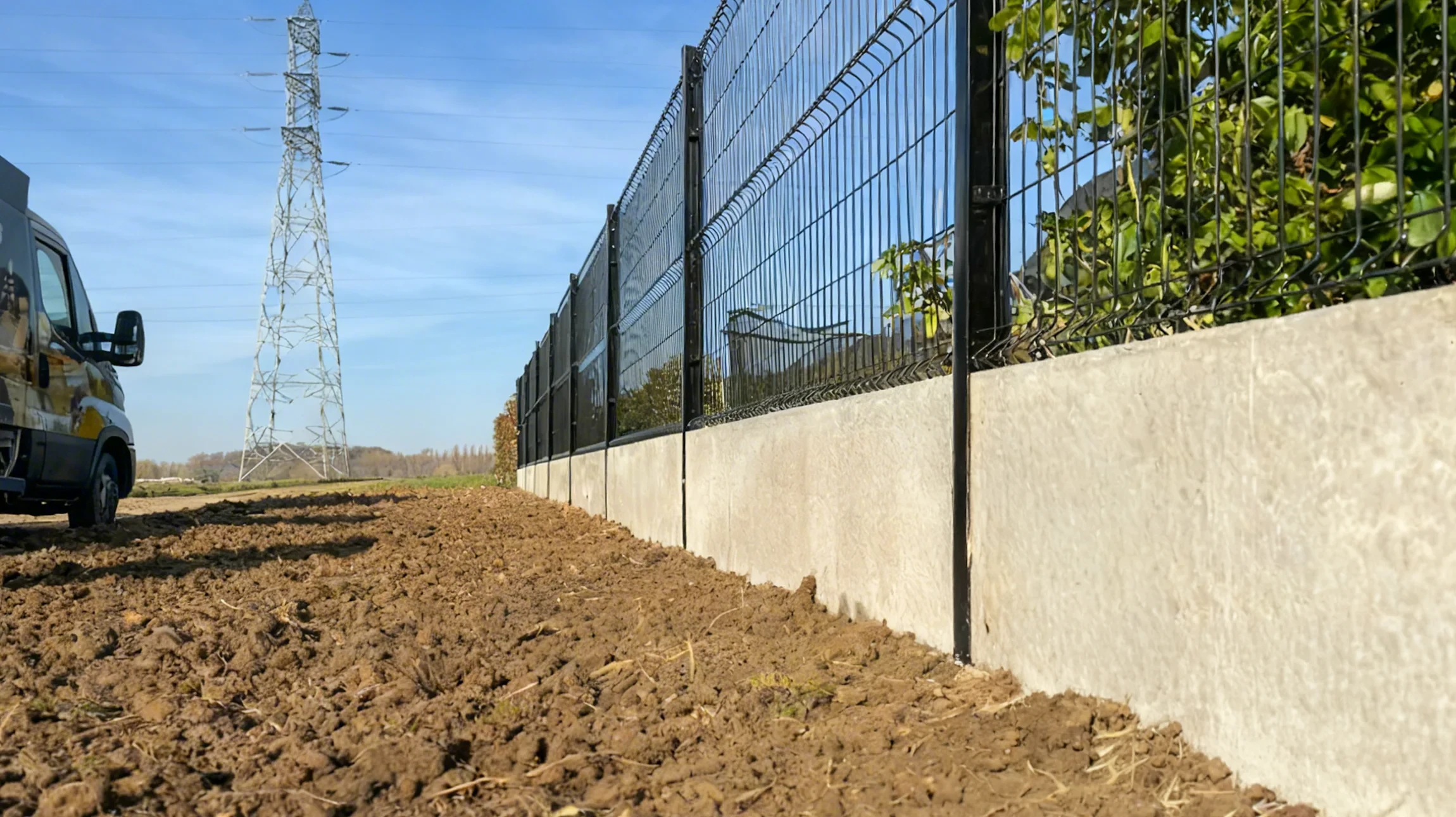 Extérieur résidentiel avec maison moderne blanche à toit plat et portail coulissant anthracite