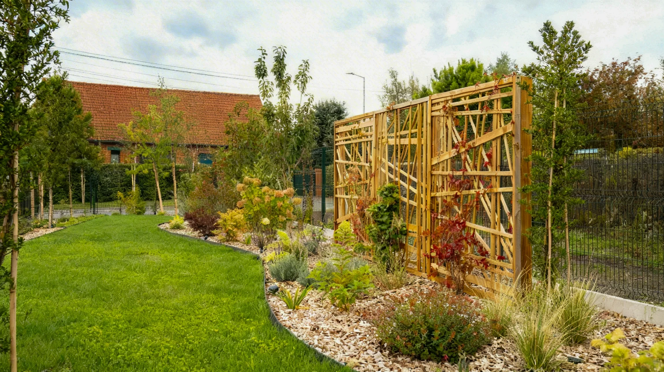 Un jardin avec une pergola en bois et un banc en dessous