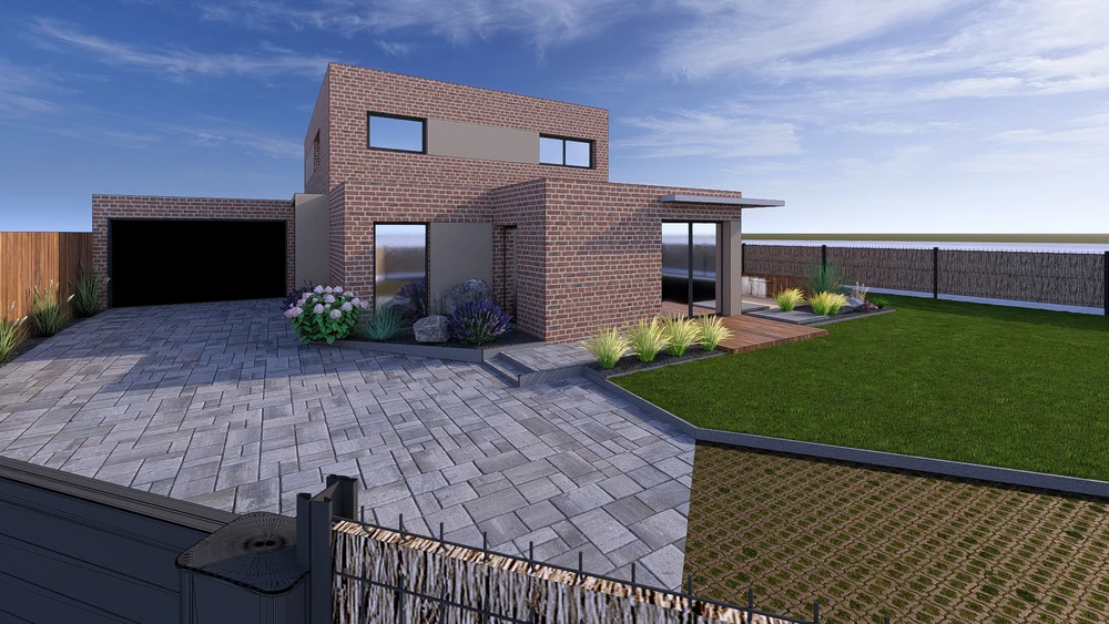 Jardin paysager extérieur avec allée courbe en dalles de grès rose disposées en quinconce sur pelouse verte entretenue