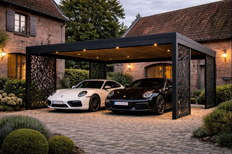 Carport résidentiel extérieur avec toiture équipée de panneaux solaires photovoltaïques bleus