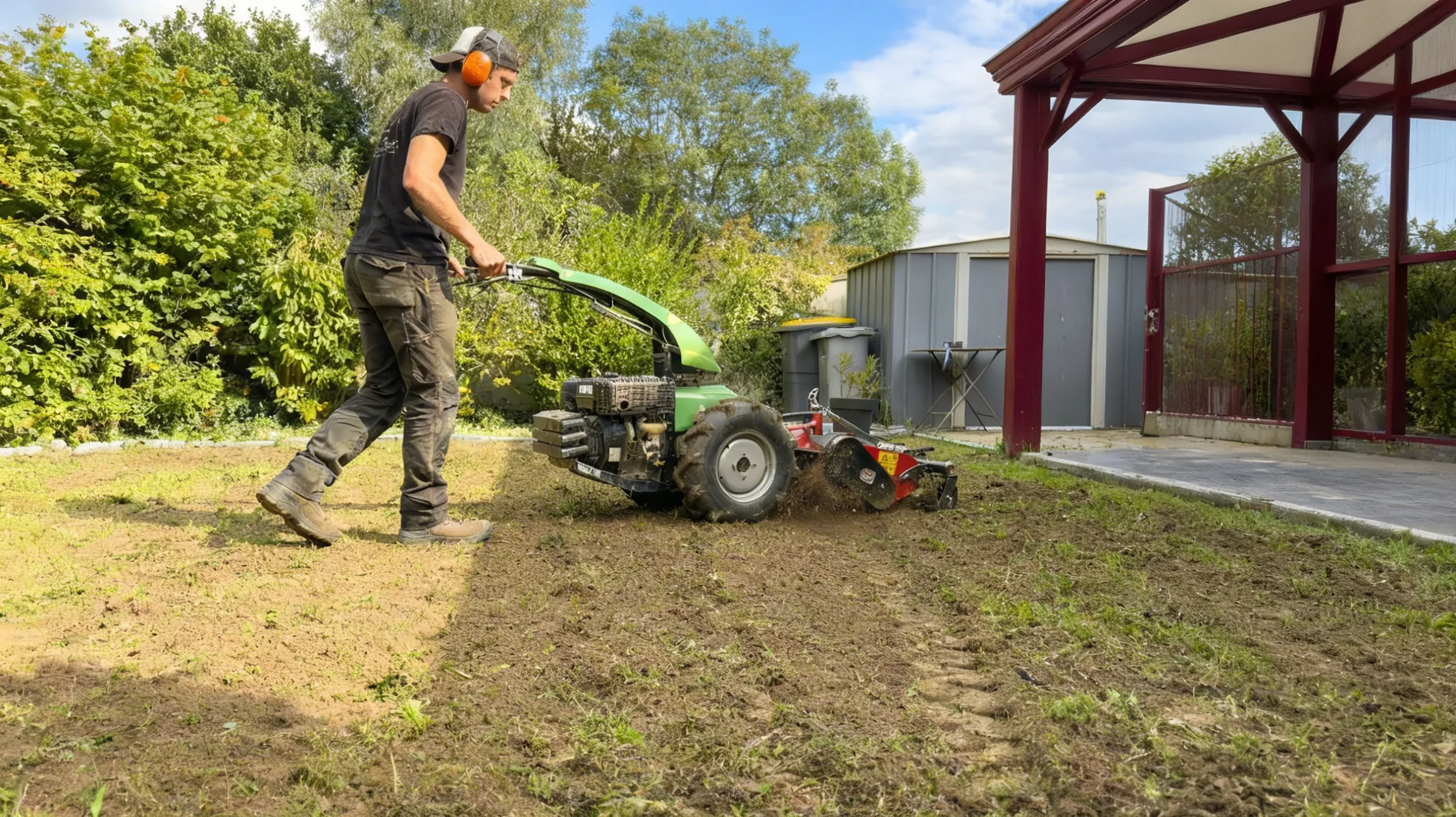 Homme taillant une haie ornementale dans un jardin paysager avec taille-haie électrique