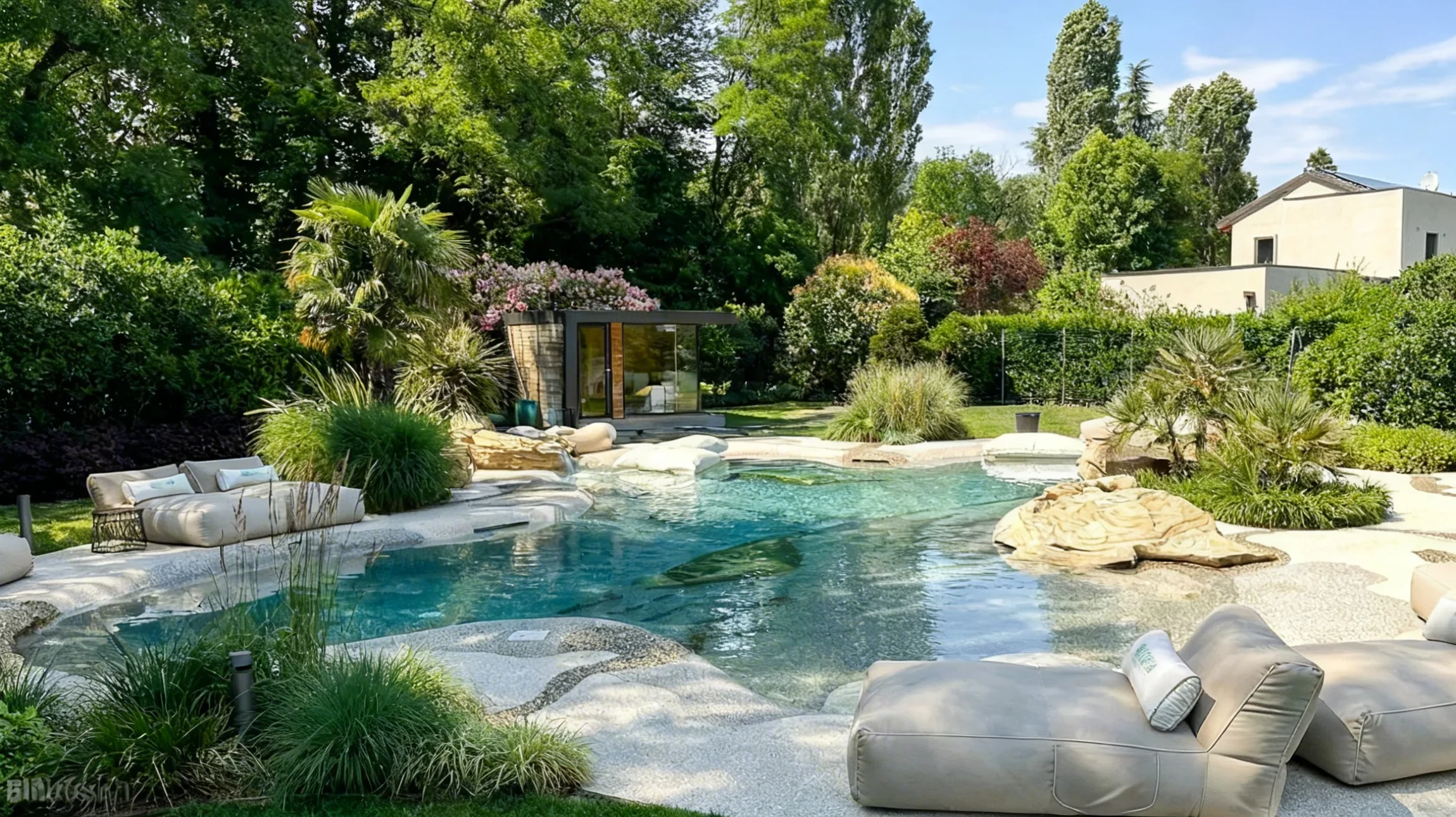 Terrasse soign&eacute;e et soign&eacute;e avec mobilier de jardin en bois et plantes sur table